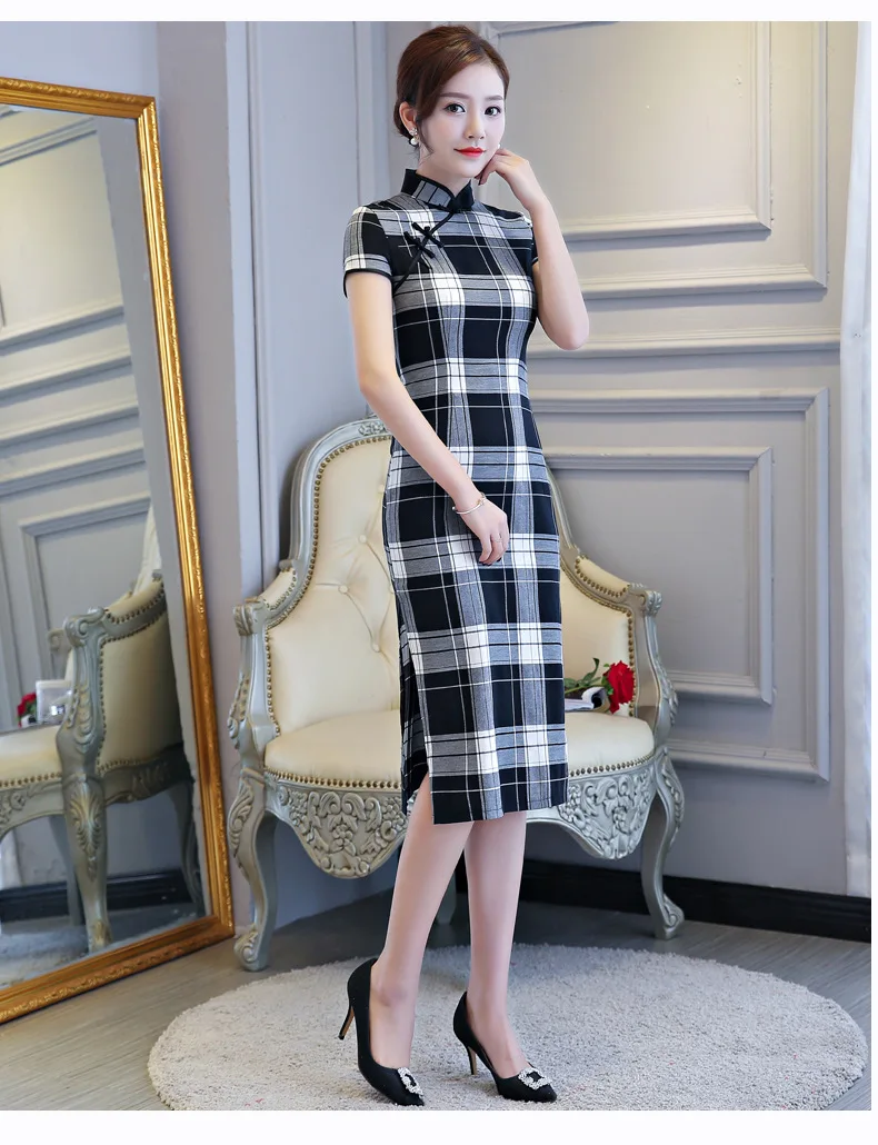 Средней длины хлопок Улучшенный плед Чонсам ежедневно жизнь Ретро Slim Fit похудение Cheongsam Формальное цельное платье для женщин