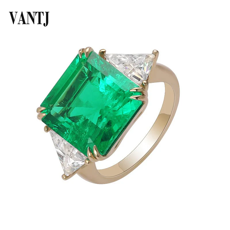 

VANTJ New Real 10K Gold Rings Sterling Lab Grown Emerald Oct 12mm 5.6ct Created Gemstone Moissanite for Women Party Wedding Gift