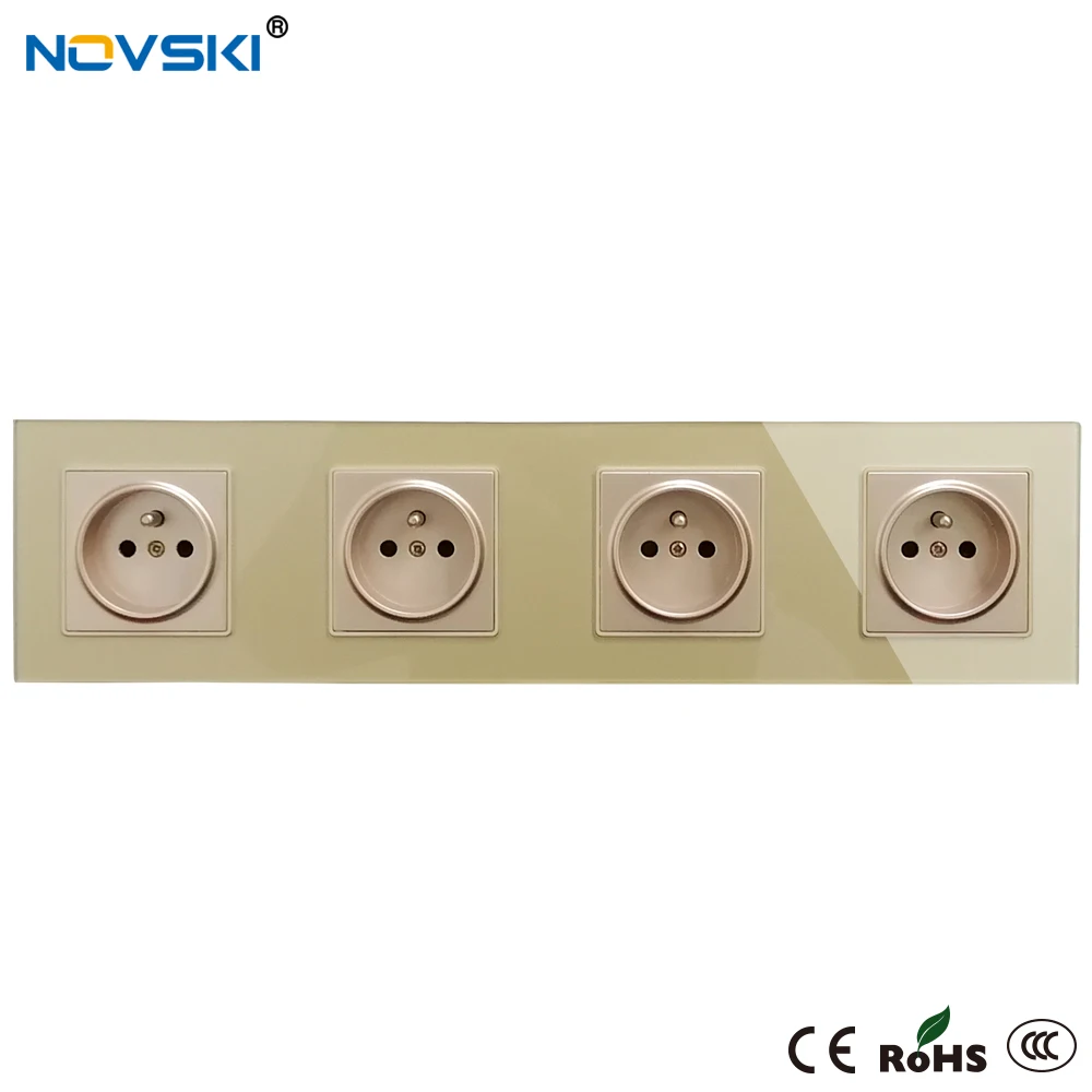 16A EU Standard French Outlet Crystal Glass Panel Electrical Socket Plug Grounded, Quadruple Power Socket, 15 Years Warranty