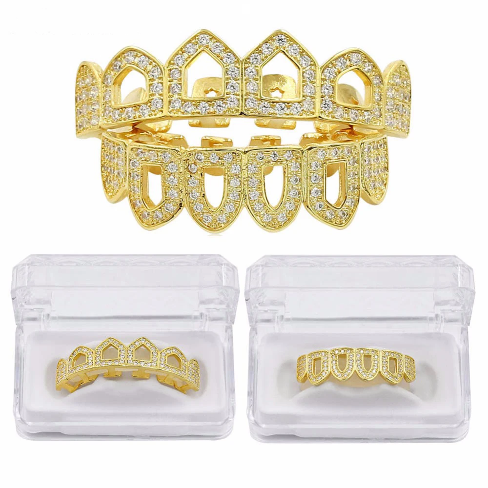 Grillz микро проложить CZ чистого золота цвет покрытый Топ и низ шесть 6 открытый лицо