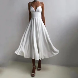 White Spaghetti Strap Strapless 2022 Tea Length Evening Dresses Sleeveless Dress Pleat Zipper Back Robe De Soirée Femme Summer