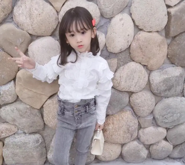 Весенняя кружевная блузка для маленьких девочек, модный белый топ принцессы с длинными рукавами, 5 шт./партия