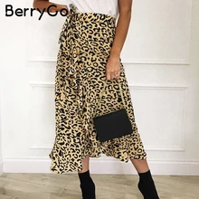 BerryGo элегантный Леопардовый принт Женская Макси юбка с боковым галстуком-бабочкой осенние женские юбки высокая Талия гофрированная Асимметричная Женская длинная юбка