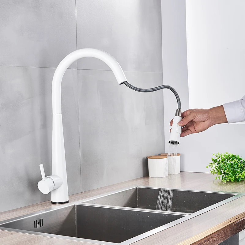 Brass White Smart Touch Kitchen Faucet Pull Out Sensor Touch Kitchen Faucet Crane Double Water Mode Mixer Faucet Free Rotatble white undermount kitchen sink