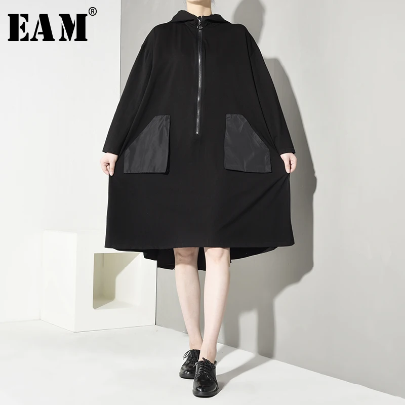 

[EAM] Loose Fit Big Pocket Split Joint Jacket New Hooded Long Sleeve Ribbon Women Coat Fashion Tide Autumn Winter 2019 EA5460