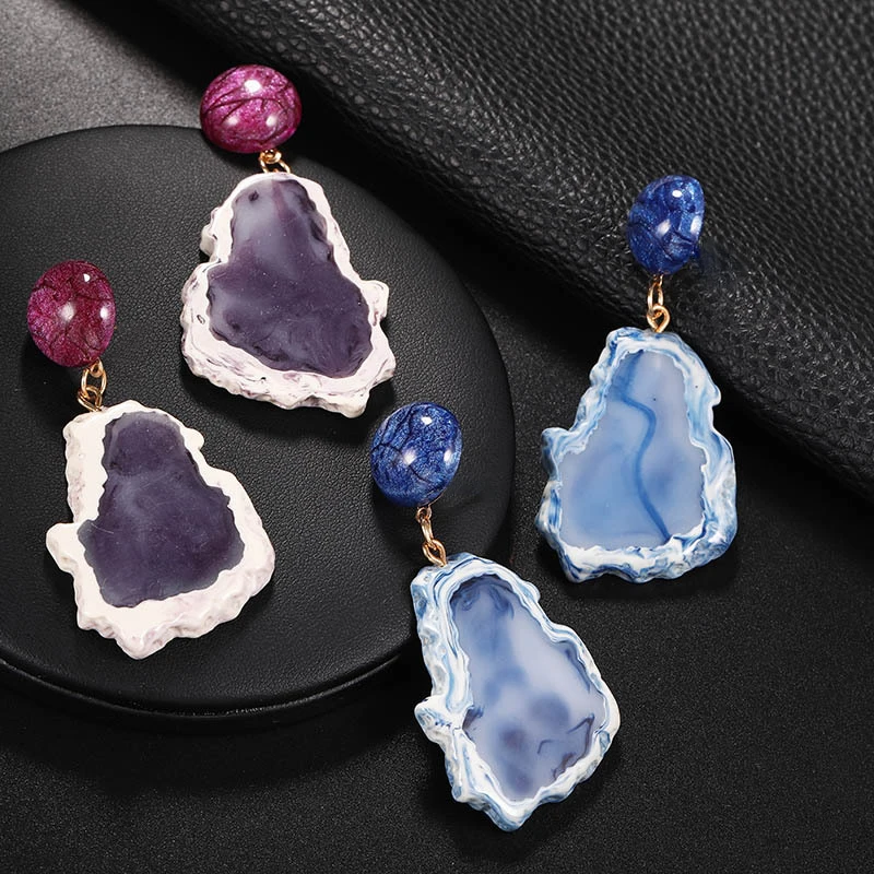 

ZA Fashion Long Imitation Carnelian Stone Clip on Earrings No Pierced Geometric Blue Resin Irregular Ear Clips Jewelry for Women