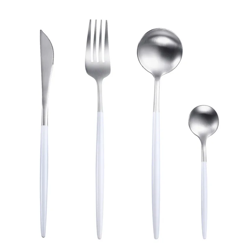 New Dinnerware Set Stainless Steel Black Handle Gold Cutlery Set Dinner Scoop Fork Knife Set Teaspoon Tableware Drop shipping - Цвет: white silver