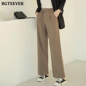 

BGTEEVER Fashion High Waist Wide Leg Pants Women Loose Belted Long Trouser Female office Suit Pants Women pantalon femme 2019