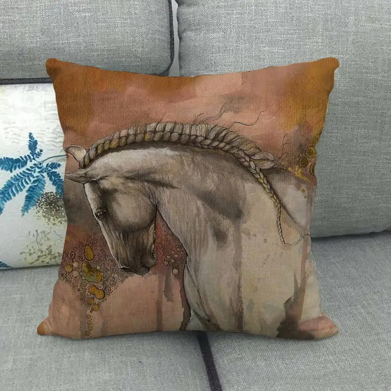15 45cm*45cm watercolor horse head design linen/cotton throw pillow covers couch cushion cover home decor pillow - Цвет: 15