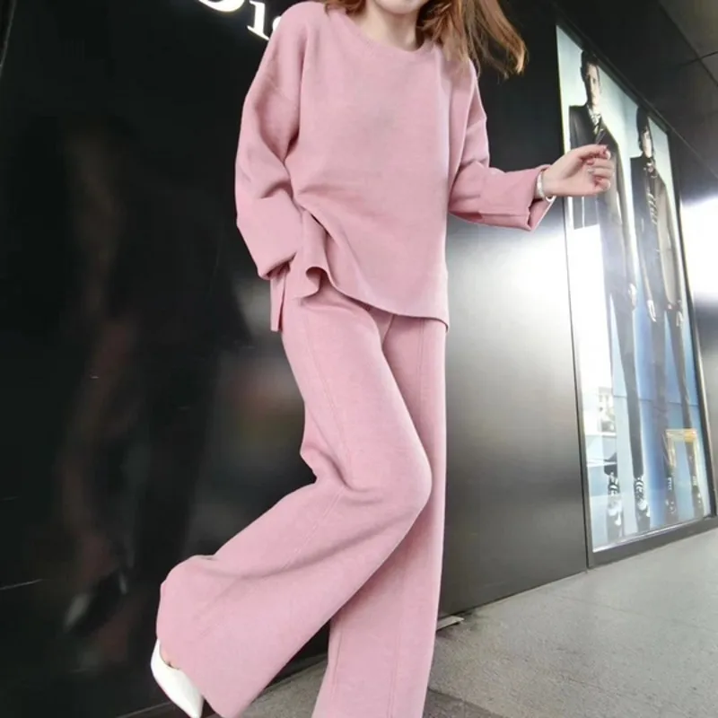 

High quality Knitted Women 2 Pieces Pant Sets 2019 New fashion Autumn casual Solid color Warm pullover Sweater and Wide Leg Pats