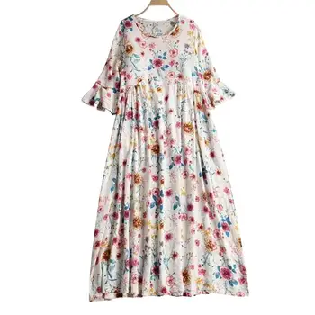 

Hot Plus Size Women Casual Floral Print Half Flare Sleeve Round Neck Long Maxi Dress