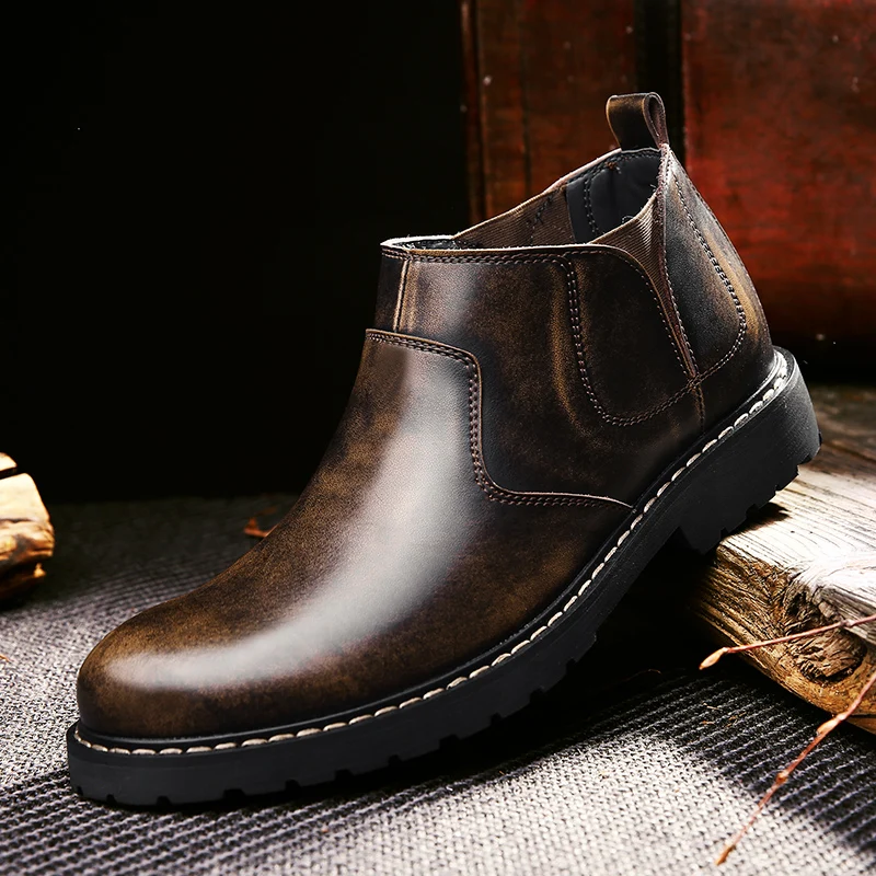 Демисезонные мужские ботинки брендовые модные ковбойские сапоги мужские винтажные кожаные ботинки без шнуровки популярные мужские молодежные ботильоны коричневого и серого цвета