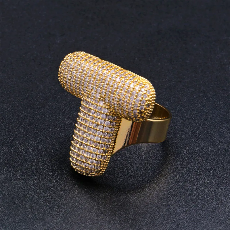 gold color T OMYFUN Hip-Hop Bling Ring A-Z Bubble Full CZ Iced Letter Rings Gold Silver Color Anillo Anel Male Accessory Bijoux Free Shipping - Цвет основного камня: gold color T
