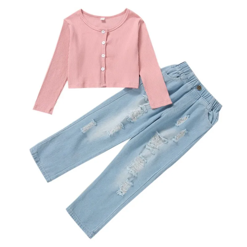 

Girls Spring And Autumn Pit-striped Top + Ripped Jeans 2 Sets
