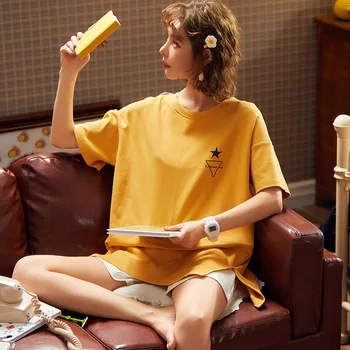 

Summer Cotton Print Women's Pajamas O-Neck Short Sleeve Top Shorts Pyjamas Set Woman Sleepwear Homewear Nightie