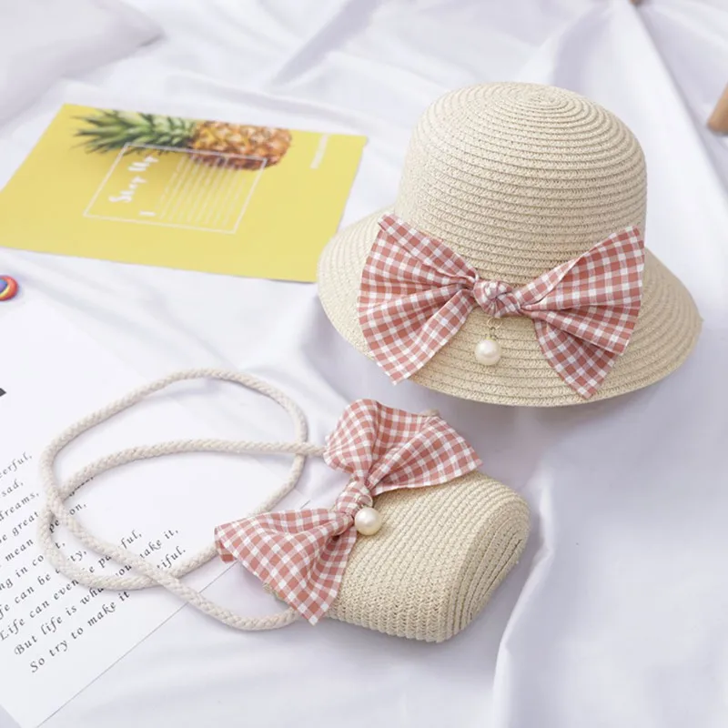 M Summer Cute Beach Bowknot Straw Sun Cap And Handbag Pearl Decoration 2pcs For Kids Girls 4-8Y Lovely Toddler Girl Wavy Hat - Цвет: M