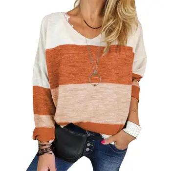 

Plus Size Women Sweaters Winter Casual Color Block Long Sleeve V Neck Loose Sweaters Pullover Ladies Sweaters