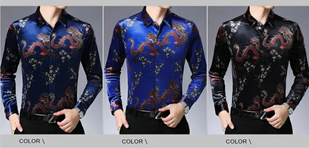 Высокое качество Мода 2019 Slim Fit золотистое бархатное платье рубашка для мужчин Китай Дракон печати длинный рукав мужские платья рубашки