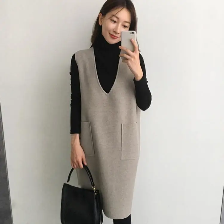 Plus Size Pockets Loose Elegant Two Piece Sets Autumn Turtleneck Black Tops And Sleeveless Dress Women's Suits