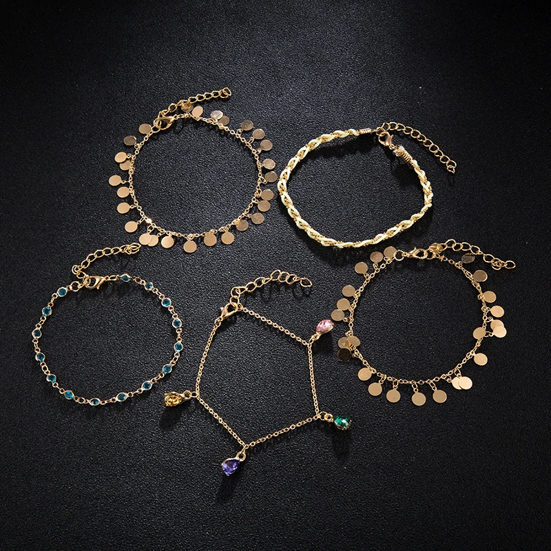 Tocona Boho 5 шт./компл., украшенные разноцветными кристаллами браслет для щиколоток с камнем для Для женщин Золотой вафли кисточкой веревки ноги Браслеты летнее ювелирное изделие, 8407