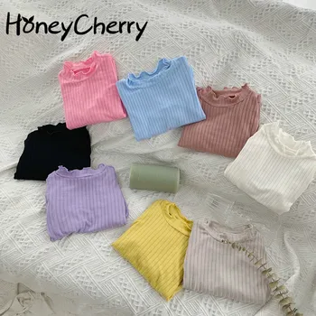 

2020 Autumn girls long sleeve T-shirt New Children's Solid Color Sunken Stripe Solid Color Stretch Bottoming T-Shirt