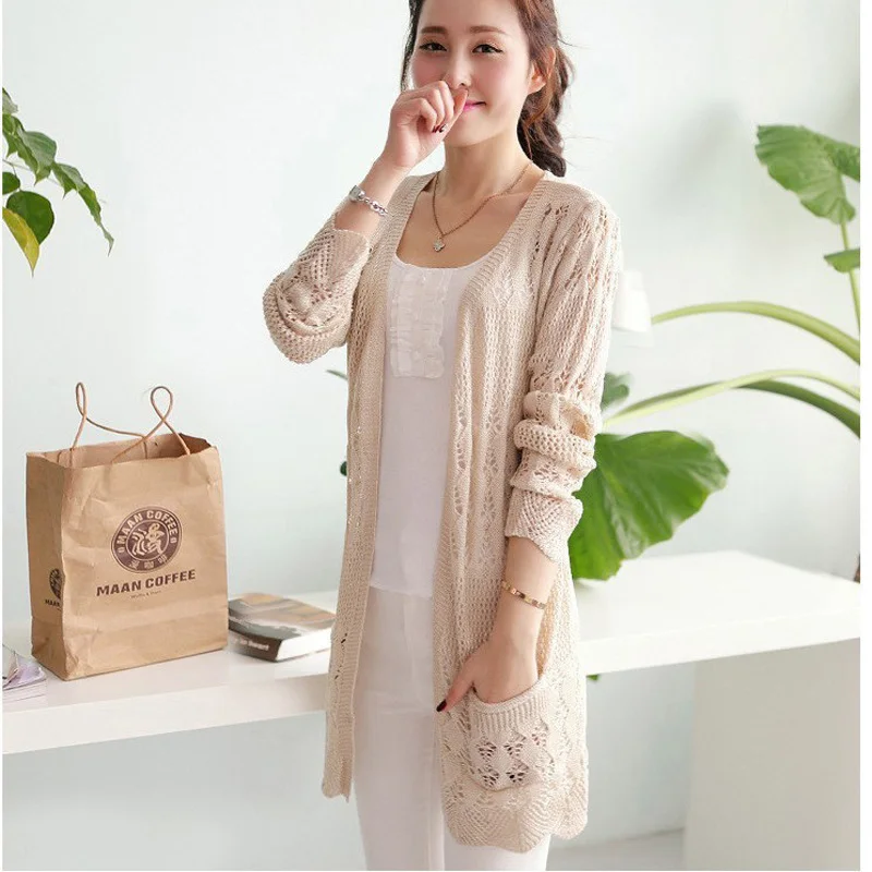 

Knitted Cardigan Women Crochet Summer Autumn Long Sleeve Cardigan Feminino 2019 Korean Sweater White Black Cardigans Pull Femme