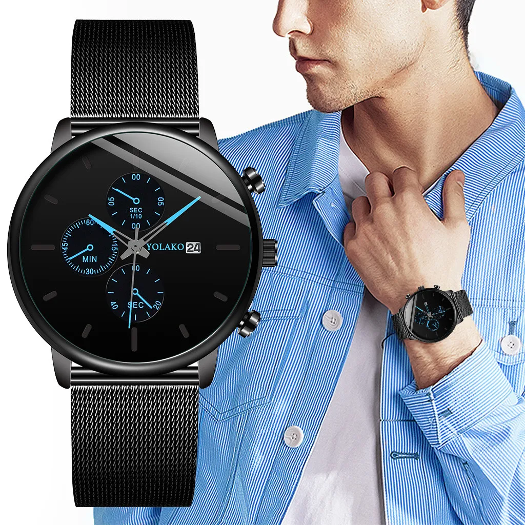 

2019 relogio masculino Men's Casual Quartz Stainless Steel Band Calendar Watch Analog Wrist Watch reloj hombre @5
