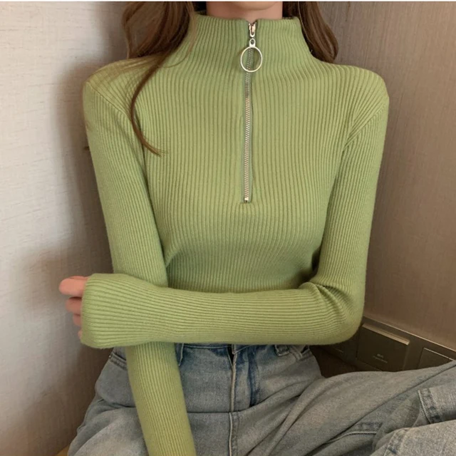 2022 Knitted Women Zipper High Neck Sweater Pullovers Turtleneck Autumn Winter Basic Women Sweaters Slim Fit Black Pull Femme Fruit green