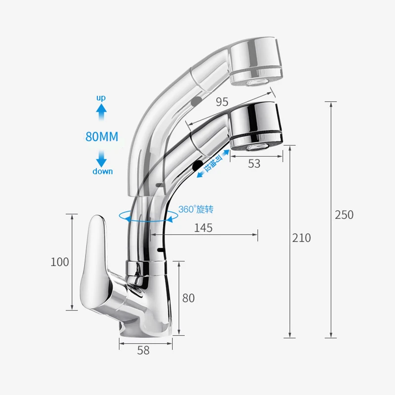 Pull Out Bathroom Sink Faucet Hot and Cold Water Mixer Crane Lift Up and down Chrome 360 Degree Water Mixer Tap Black basin faucet,bathroom faucet