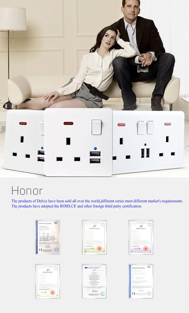 USB Wall Outlet Gold Metal Plate 13A UK Plug Electric Switched Power Sockets 3250W 1 Gang Kitchen USB with Charging Ports Office