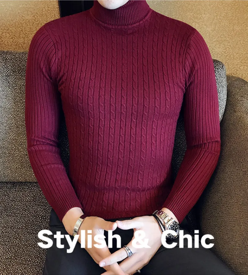 Новинка, зимний толстый теплый свитер с высоким горлом, мужской брендовый свитер с высоким воротом, облегающий пуловер, Мужская трикотажная одежда с двойным воротником