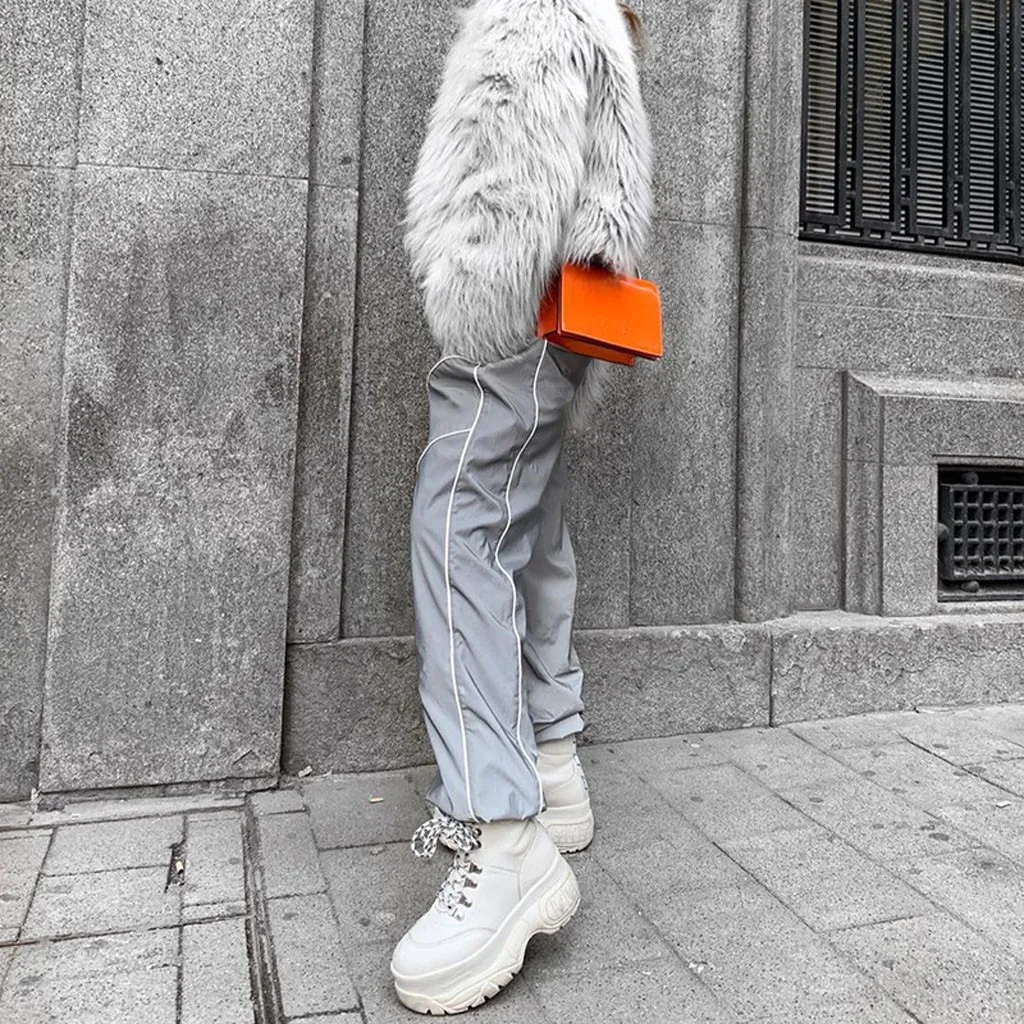 Women Casual Reflective Beam Foot Luminous Elastic Pants Waist High Street Coated Loose Harem | Женская одежда
