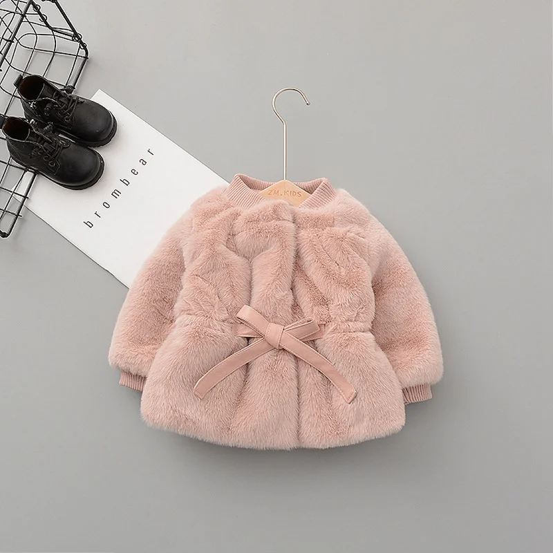 Pink-S7888 Теплые зимние детские парки из искусственного меха с круглым вырезом и бантом для маленьких девочек пальто принцессы кардиган, верхняя одежда, Casacos S7888 - Цвет: Pink-S7888