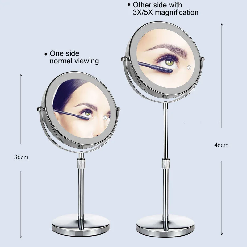 2-Sided Vanity Makeup LED Mirror, 3X/5X Tabletop Cosmetic Mirror USB Rechargeable, 3Color Touch Brightness and Height Adjustable 5