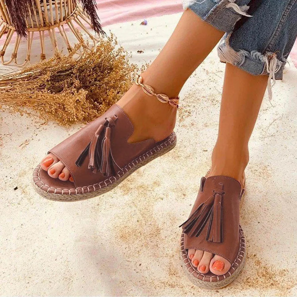 Women Shoes Summer Bohemia Tassel Tassels Women Slippers Casual Flat Shoes Slippers Peep Toe Sandals Slip On Slipper Plus Size