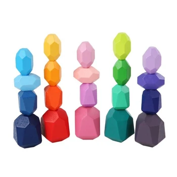 

New 20Pcs Children Wooden Colored Stone Stacking Game Building Block Kids Toys Gifts
