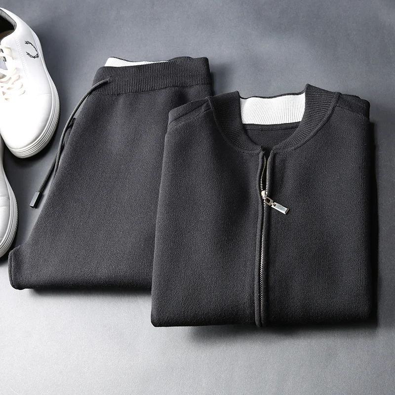 Buy JSBD brand men's casual stand collar two-piece men's contrast color pilot jacket cashmere baseball shirt set