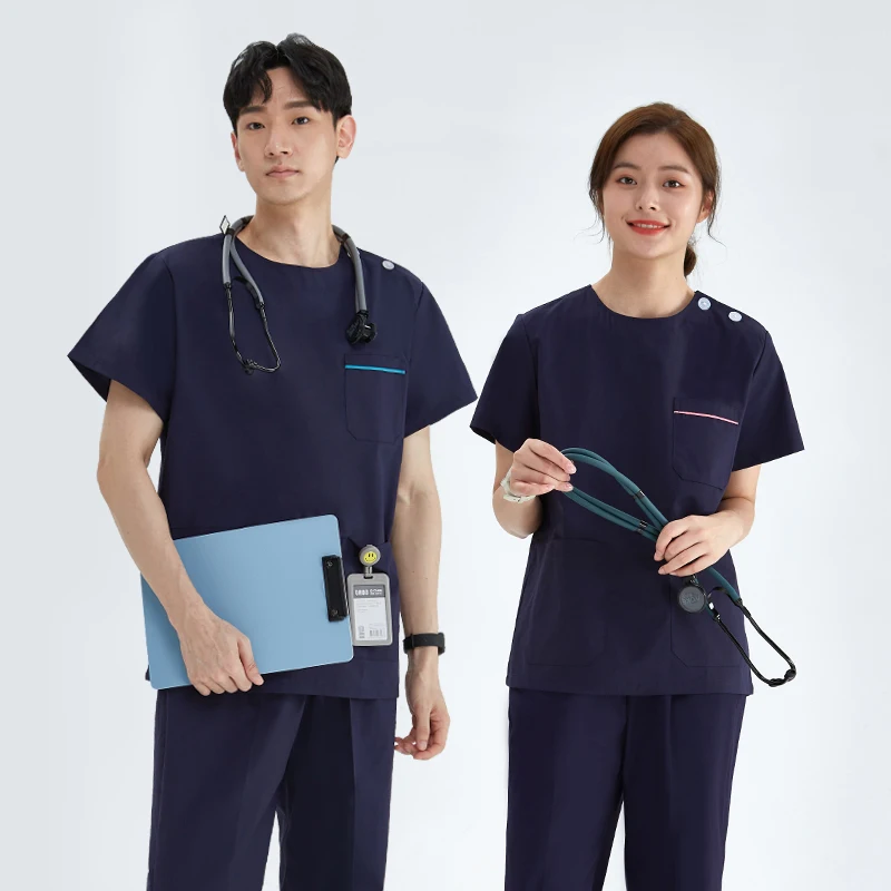 

Nurse Medical Uniform Men Scrub Sets Women 2 Piece V Neck Top Drawstring Pants Soft Lightweight Nursing Slim Beautician Suit 106