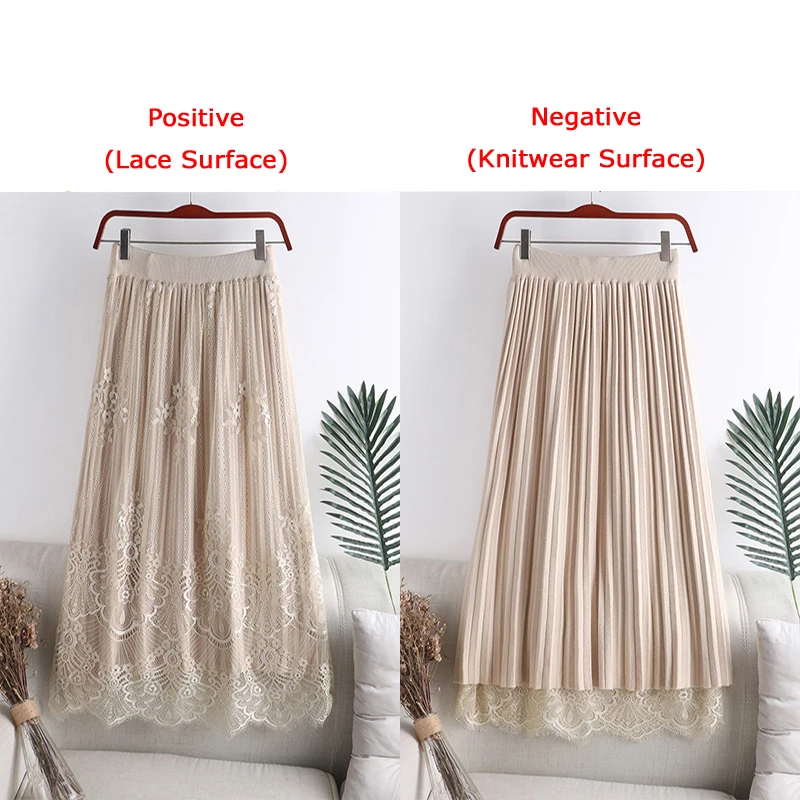 Wear on Both Sides Women Knitted Skirts Autumn Winter High Waist Lace Patchwork Long Skirt Large Swing A-Line Pleated Skirts