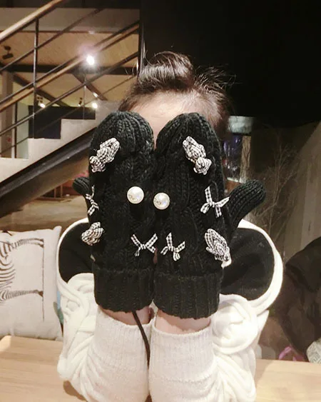 SP&CITY Cartoon Cute Plaid Bear Women's Winter Gloves Thickening Mittens Women's Winter Keep Warm Knitting Gloves Pearl Bows