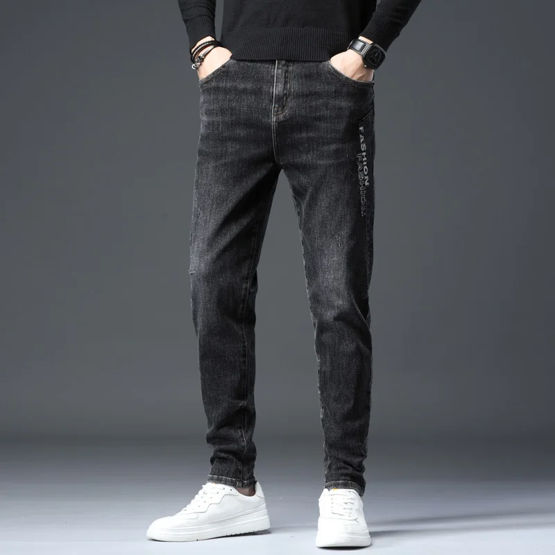 

Men Hot Skinny Jeans Ripped Grid Patchwork Stretch Denim Pants Elastic Pencil Pants 2021 Men's Clothing