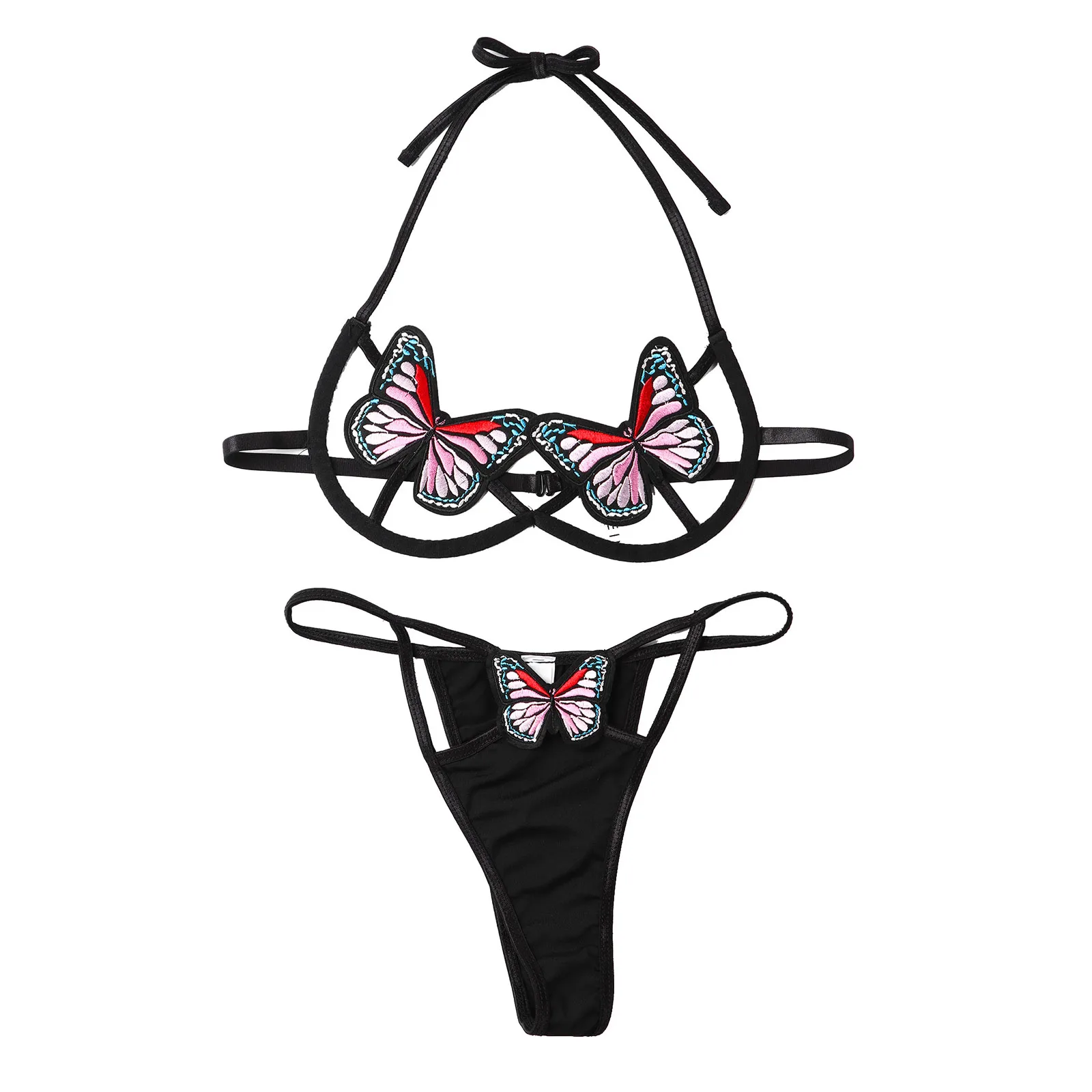 Women Butterfly Embroidery Lingerie Suit Lace-up Halter Neck Bra with Briefs Female Hollow Out Exotic Sets for Underwear Party 2