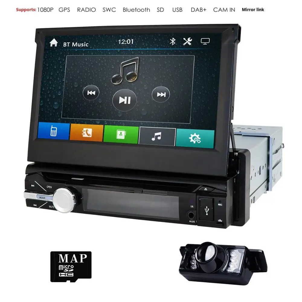 

Car Multimedia Player Single 1Din Car Radio 7'' Touch Screen GPS SAT NAV Bluetooth CD DVD Player Stereo DAB+ SWC RDS SD USB CAM