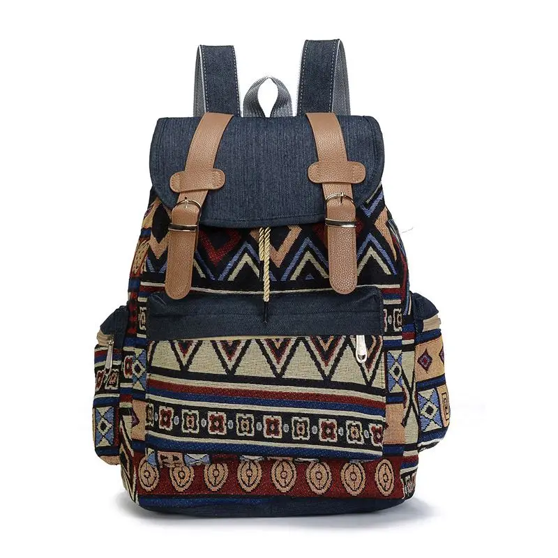 Mochila de lona Vintage para mujer, morral étnico bohemio, escolar