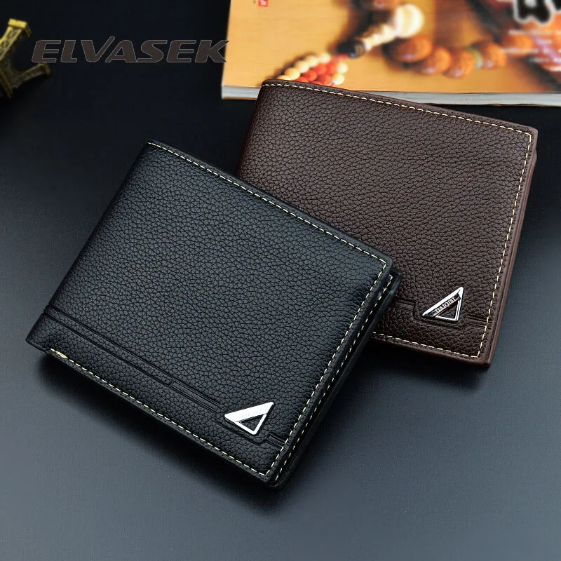 

ELVASEK 2019 Three fold wallet Delicate and lightweight short wallet pu leather man wallet Metal triangle decoration two colors