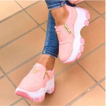 

2021Spring and Autumn New Sports Large Size 43 Women Shoes PU Upper Thick Bottom Side Zipper Increased Women Casual Sports Shoes