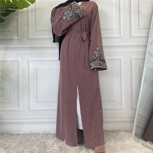Middle East Ramadan Lace With Pearls Design Abaya Dubai Kimono Kaftan Caftan Turkish Islamic Clothing Muslim For Women Maxi Robe 4