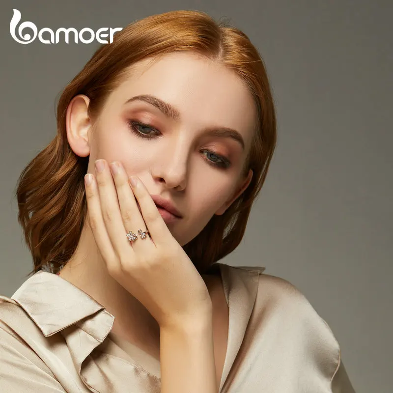 bamoer Sterling Silver 925 Pink Sakura Cherry Flower Open Adjustable Finger Rings for Women Romanti