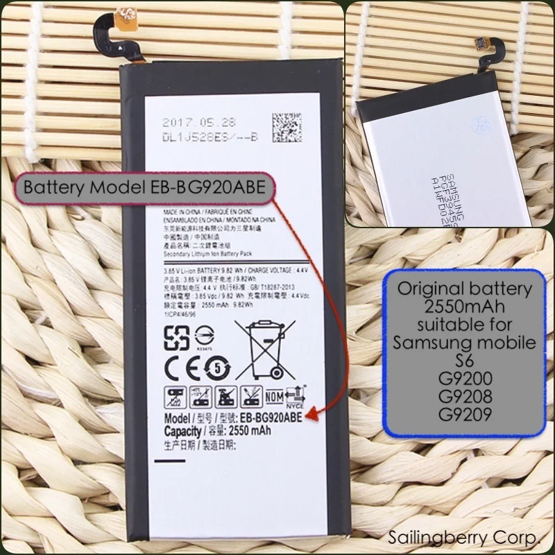

Original battery suitable for Samsung mobile S6/G9200/G9208/G9209 with battery model EB-BG920ABE