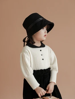 

Girls Pullover Sweater Warm Coat Children Autumn Kids Long Puff Sleeve Cotton Fashion Sweet Top Lapel Collar Knitted Clothes